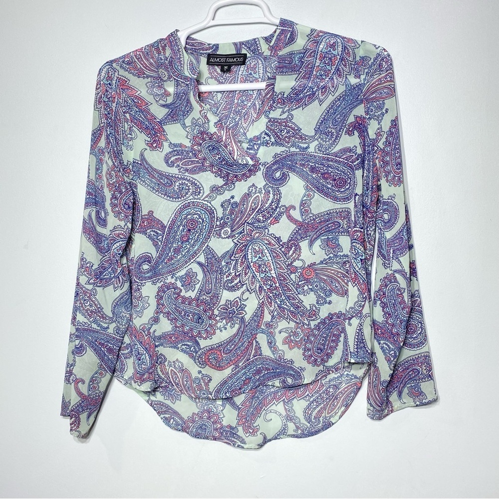 Almost Famous Paisley Sheer Blouse Womens L Multicolor V-Neck Long Sleeve Career